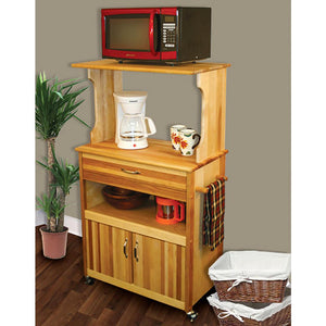 Rolling Natural Wood Kitchen Microwave/Coffee Cart with Hutch Top 51576 - Kitchen Furniture Company