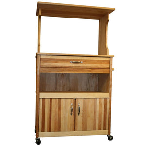 Rolling Natural Wood Kitchen Microwave/Coffee Cart with Hutch Top 51576 - Kitchen Furniture Company