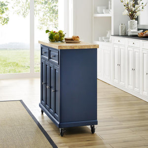 Madison Navy Kitchen Cart with Butcher Block Top and Sturdy Casters KF30031ENV - Kitchen Furniture Company