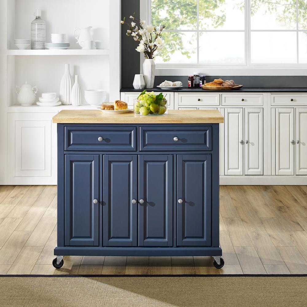 Madison Navy Kitchen Cart with Butcher Block Top and Sturdy Casters KF30031ENV - Kitchen Furniture Company