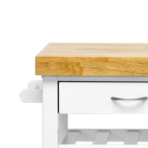 White Kitchen Cart with Towel Rack Thick Solid Wood Countertop - Kitchen Furniture Company