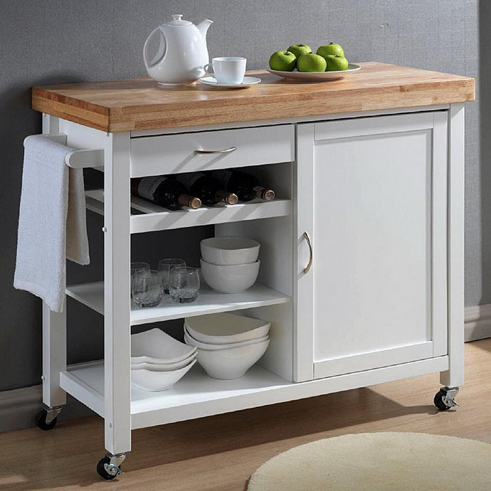 White Kitchen Cart with Towel Rack Thick Solid Wood Countertop - Kitchen Furniture Company
