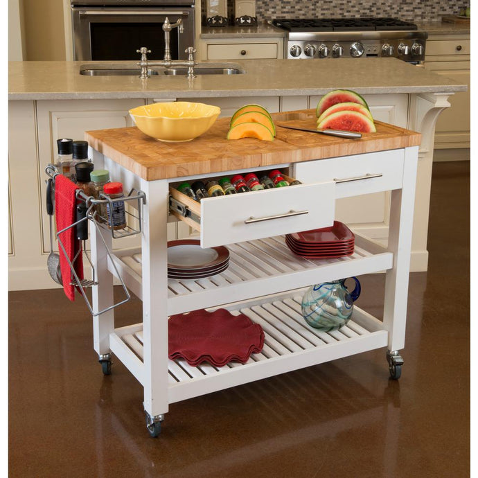 White Professional Chef's Kitchen Cart Wooden Shelves Butcher Block Top JET7750 - Kitchen Furniture Company