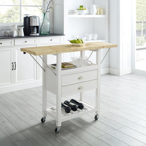 Rolling White Kitchen Cart with Double Drop Leaf Wine Shelf 3023-WH - Kitchen Furniture Company