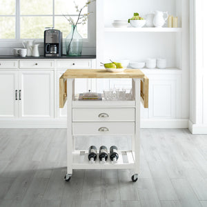 Rolling White Kitchen Cart with Double Drop Leaf Wine Shelf 3023-WH - Kitchen Furniture Company