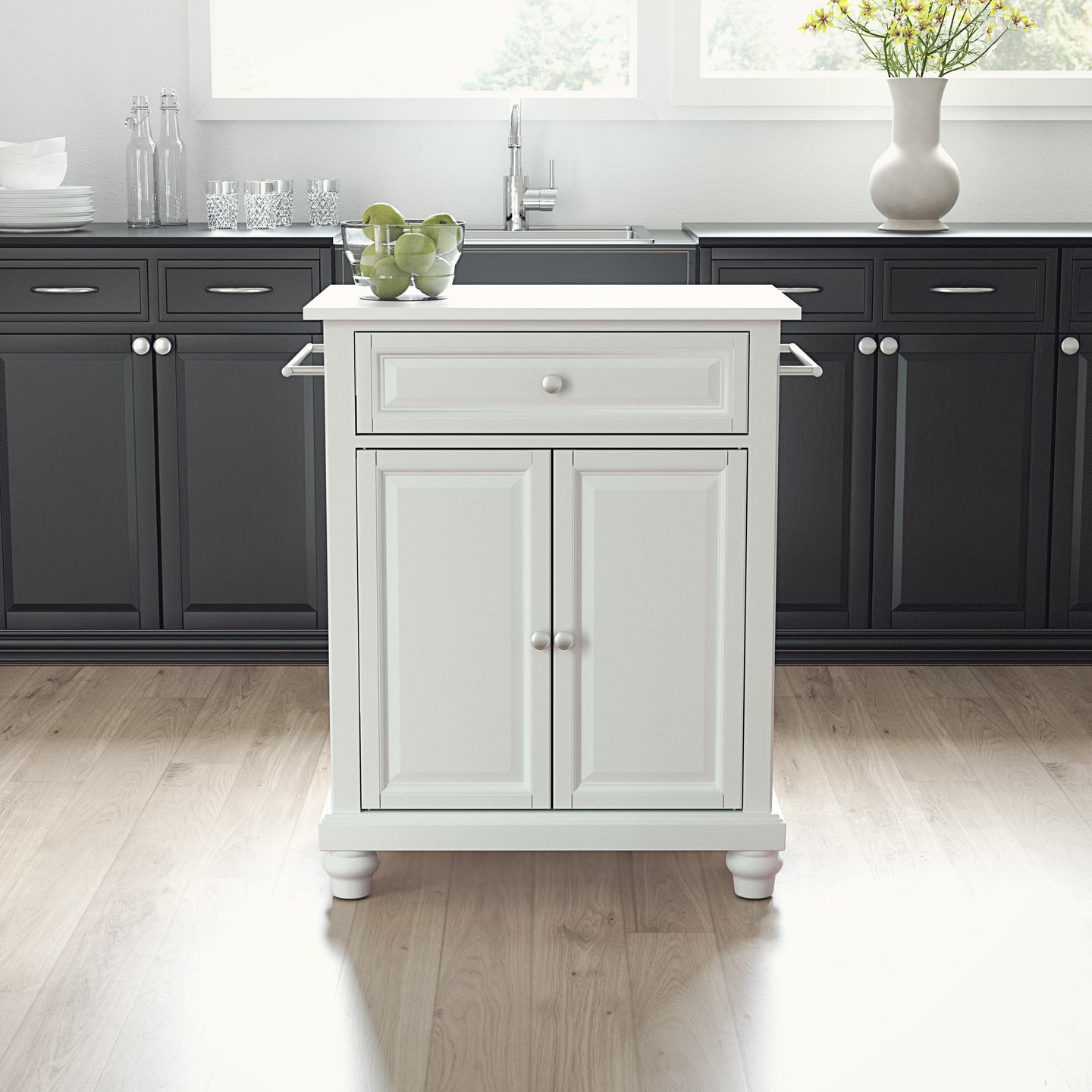 Cambridge White Portable Kitchen Island with White Granite Top - Kitchen Furniture Company