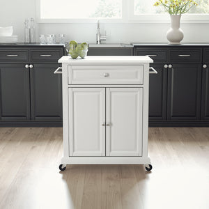White Portable Kitchen Cart with Granite Top Sturdy Casters - Kitchen Furniture Company