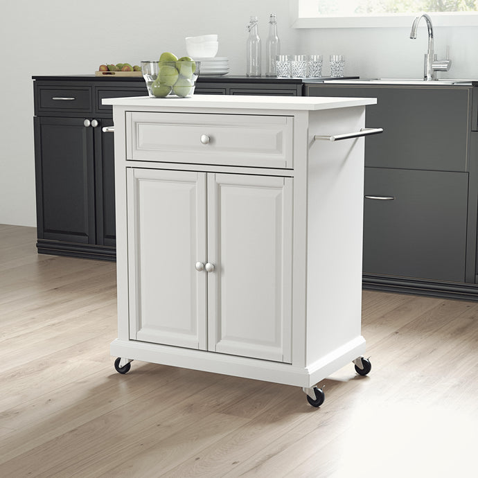 White Portable Kitchen Cart with Granite Top Sturdy Casters - Kitchen Furniture Company