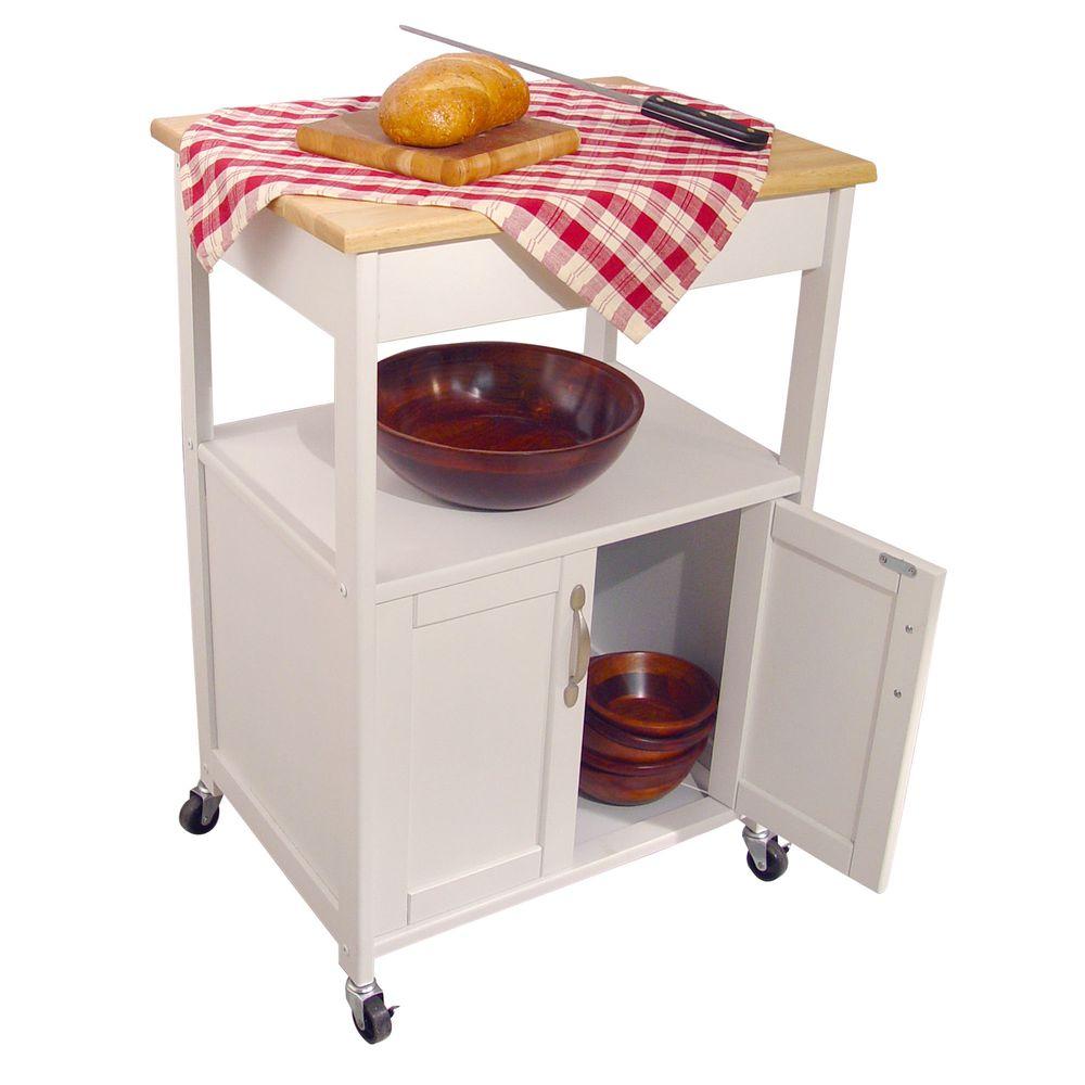 White Rolling Kitchen Cart with Natural Wood Top Storage 80690 - Kitchen Furniture Company