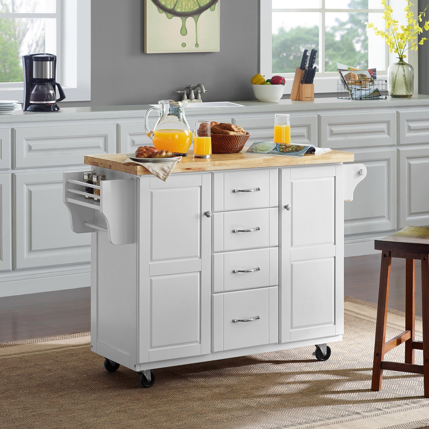 White Kitchen Cart with Natural Wood Top 3018WH-NA - Kitchen Furniture Company