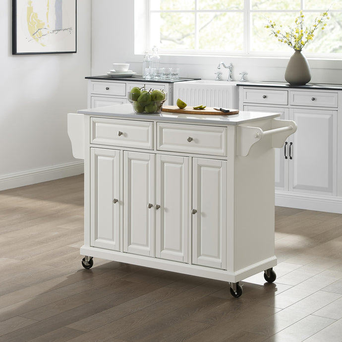 Full Size White Kitchen Cart with White Granite Top Sturdy Casters - Kitchen Furniture Company
